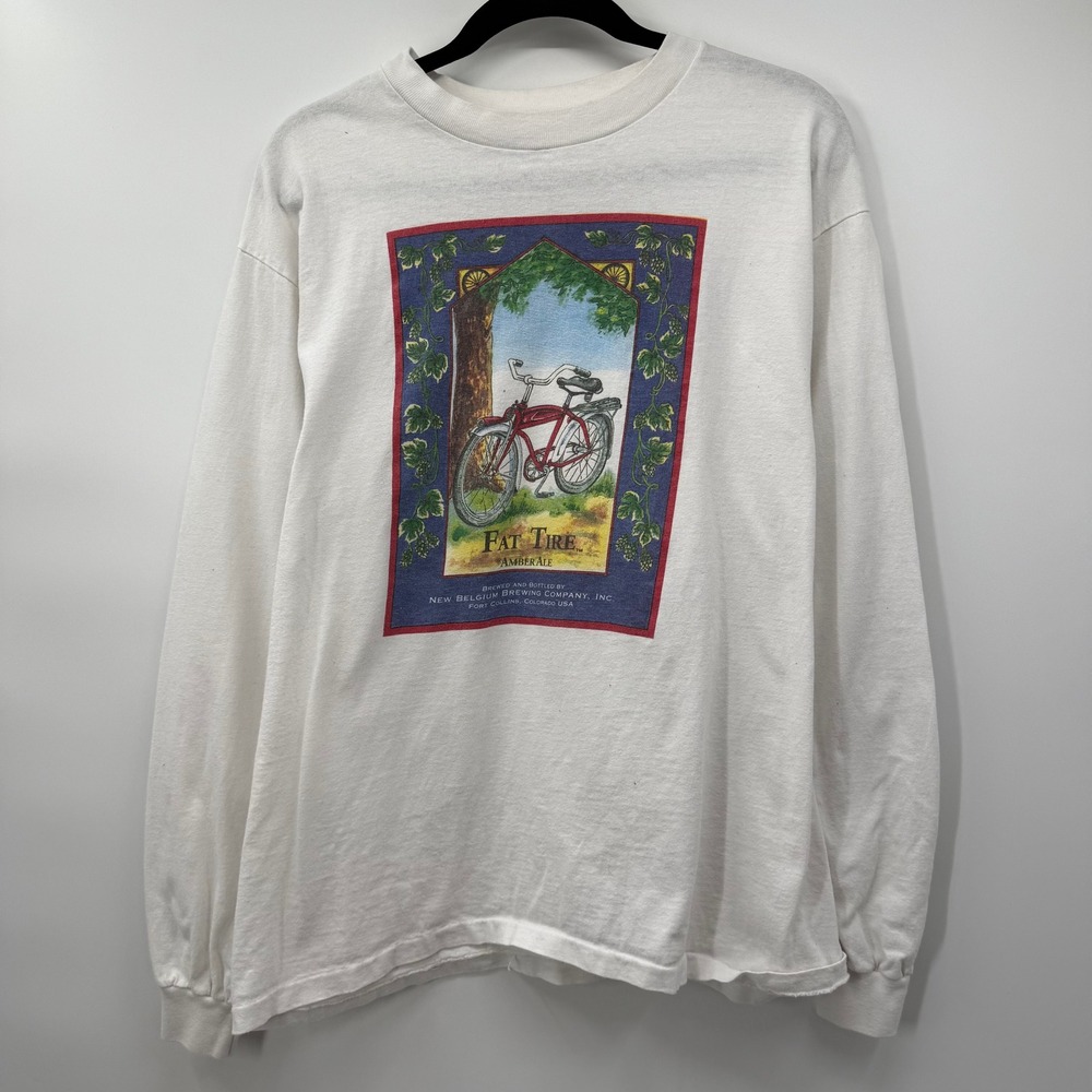 Anvil Women Large Long Sleeve Shirt White Fat Tire Amber Beer Graphic USA Made